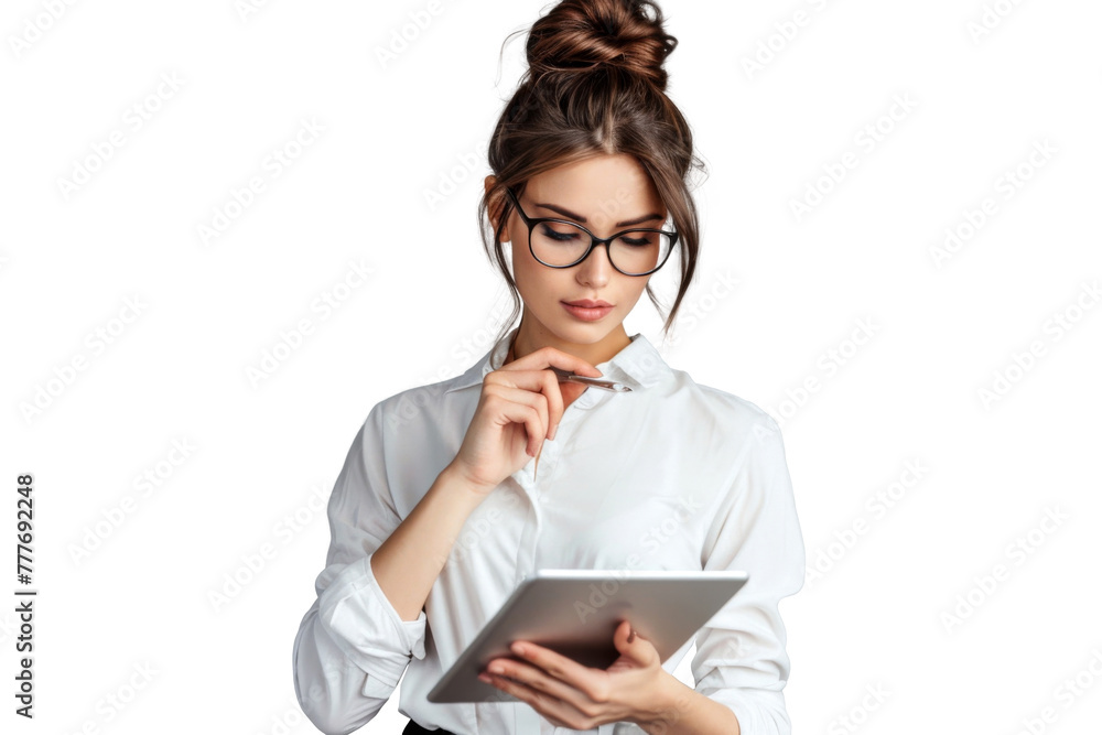 Studio portrait company worker beautiful young Caucasian woman with an attractive smile wearing casual outfits and holding digital tablet, isolated on transparent png background.
