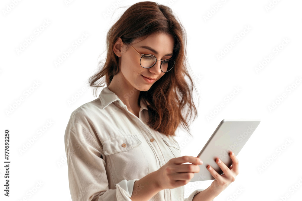 Studio portrait company worker beautiful young Caucasian woman with an attractive smile wearing casual outfits and holding digital tablet, isolated on transparent png background. Studio portrait company worker beautiful young Caucasian woman with an attractive smile wearing casual outfits and holding digital tablet, isolated on transparent png background.
