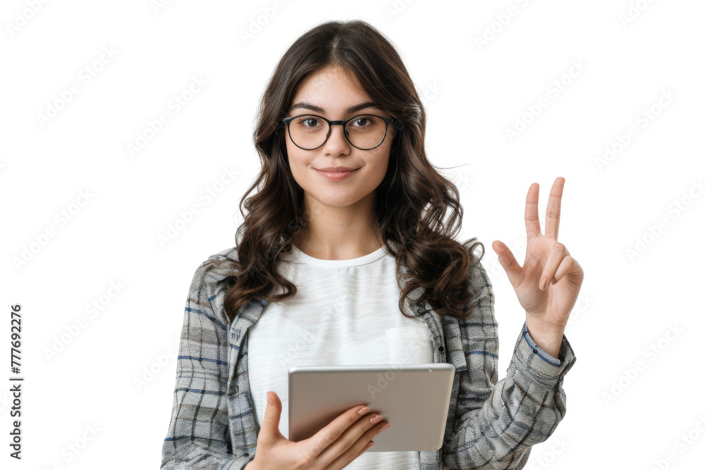 Studio portrait company worker beautiful young Caucasian woman with an attractive smile wearing casual outfits and holding digital tablet, isolated on transparent png background. Studio portrait company worker beautiful young Caucasian woman with an attractive smile wearing casual outfits and holding digital tablet, isolated on transparent png background.