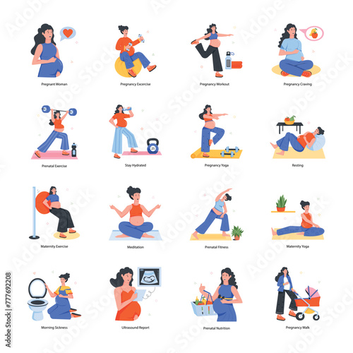Modern Collection of 16 Pregnant Women Flat Icons 


