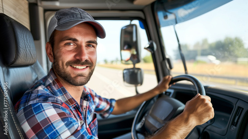 Happy professional truck driver driving his truck and looking at camera