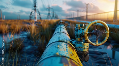 3D Illustration of Valve on Gas Pipeline between EU and Russia photo