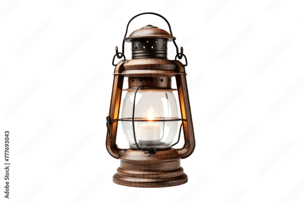 Illuminated Antique Lantern Glowing in the Dark. White or PNG Transparent Background.