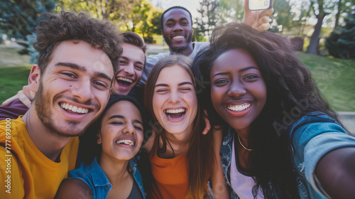 Multiracial young people laughing together at camera - Happy group of friends having fun taking selfie pic with smart mobile phone - Youth community concept with guys and girls hugging outdoors photo