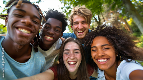 Multiracial young people laughing together at camera - Happy group of friends having fun taking selfie pic with smart mobile phone - Youth community concept with guys and girls hugging outdoors