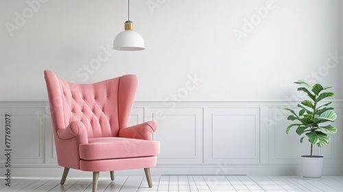 Modern minimalist interior design with pink armchair on white wall background. AI generated image