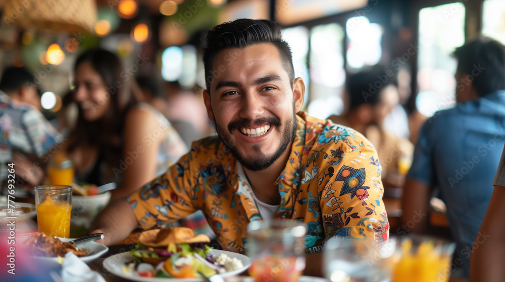 Young cheerful man having lunch with friends in Mexican restaurant