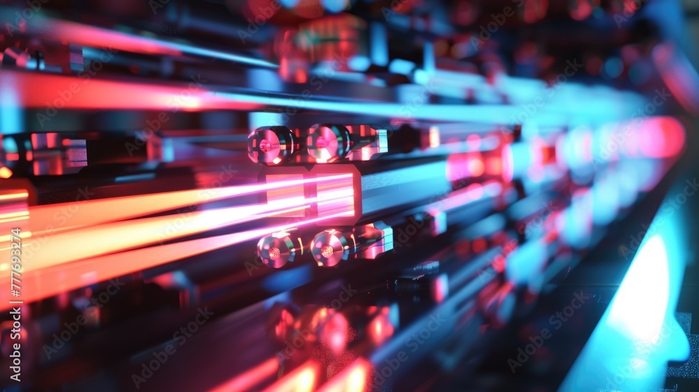close-up of an optical switch in action, with light beams being redirected to different outputs close-up of an optical switch in action, with light beams being redirected to different outputs