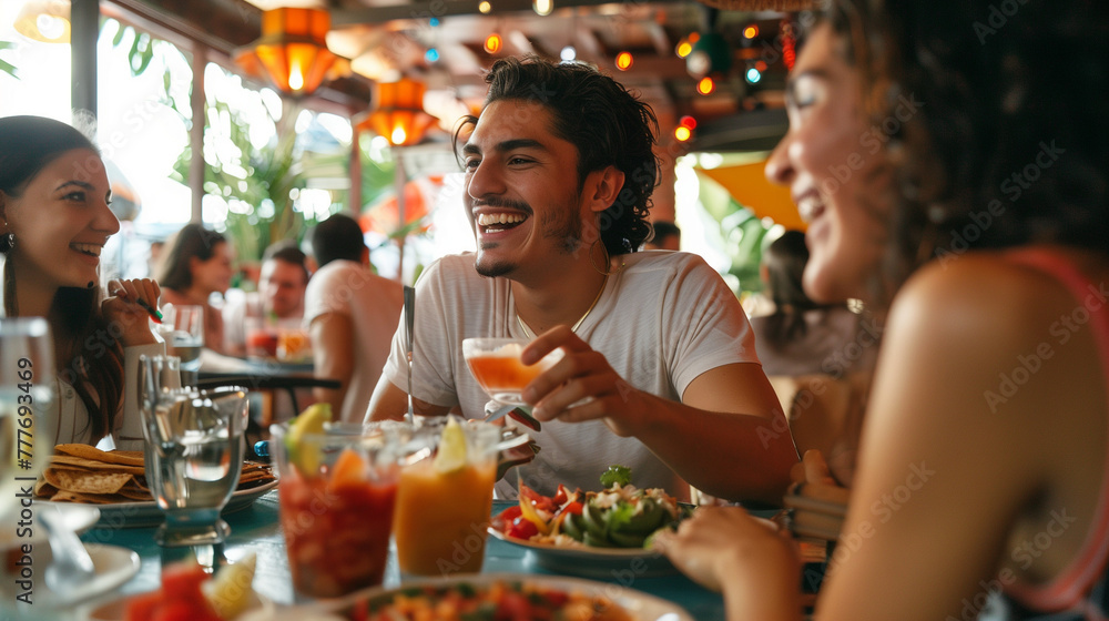 Young happy people having lunch together in Mexican restaurant