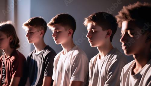 illustrazione di gruppo di giovani ragazzi in meditazione, raccoglimento photo