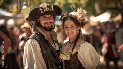 Renaissance Fair Romance: A Couple in Historical Costumes Amidst a Festive Gathering