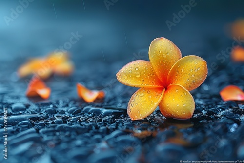 A flower with raindrops on it is on a wet surface. The flower is yellow and has a pink center