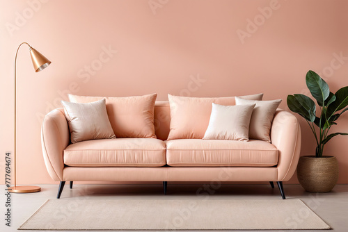 Modern textile sofa with soft peach-colored cushions in the interior with a lamp, carpet and a green plant. copy space