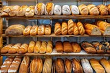 Different kinds of baked bread on shelves in bakery shop