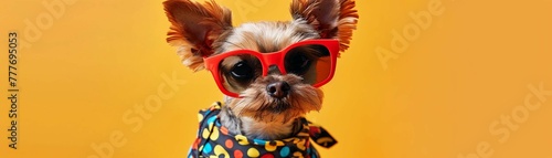 A small dog makes a fashion statement with colorful clothes and red sunglasses on an orange background. © Creative_Bringer