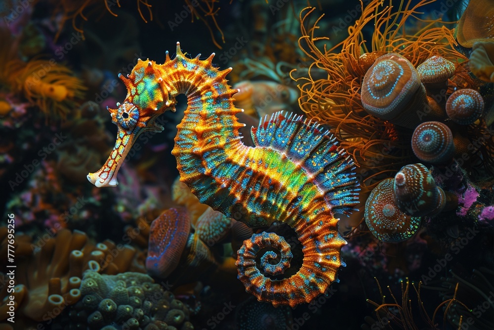 An intricately patterned seahorse is immersed in the rich colors of its coral reef environment. An intricately patterned seahorse is immersed in the rich colors of its coral reef environment.