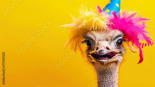 An excited ostrich with a party hat and colorful feathers celebrates on a yellow background.