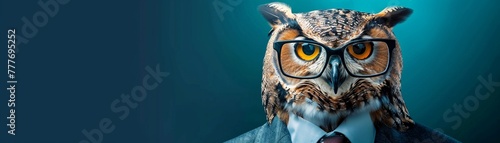 An intelligent-looking owl wears business attire with glasses and a tie against a blue background.