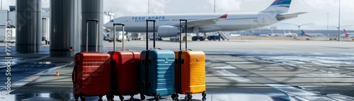 Assorted travel luggage standing in an airport terminal with airplane in background.
