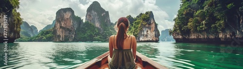 Back view of a woman on a boat trip admiring towering limestone cliffs.