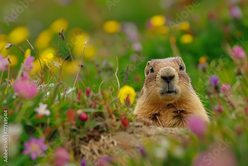 Curious groundhog peeking out of its burrow in a vibrant field.