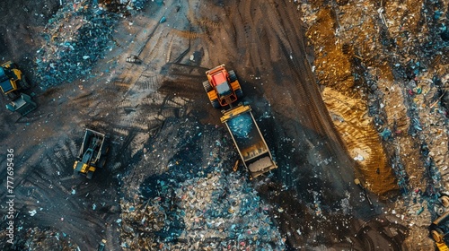 From above industrial machinery operates amidst a sprawling landfill © Creative_Bringer
