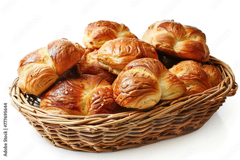 Freshly different baked buns in basket isolated on white background Freshly different baked buns in basket isolated on white background