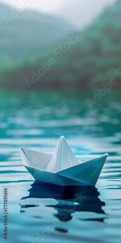 Serene and calm scene of a simple paper boat floating on the water surface. Paper boat sailing in serene water and cloudy weather. © Vagner Castro