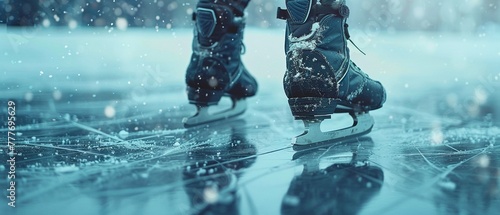 The feet of an ice skater clad in skates