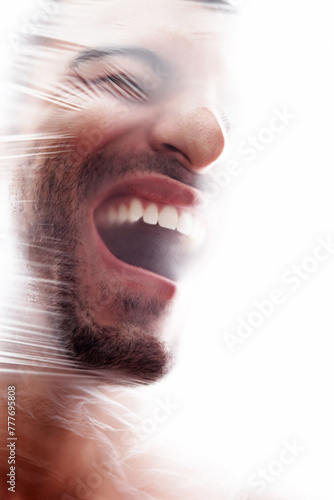 фотографія Man, plastic and bag with choking, gasping and crisis for breath in white background