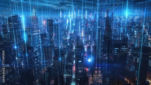 futuristic cityscape with a network of laser beams representing high-speed optical communication links connecting buildings