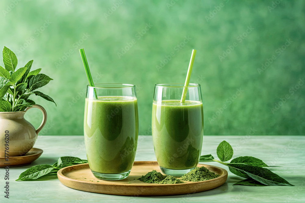 Green smoothie with mint, Matcha with chia seeds and and basil sprigs in glass glasses . Clean eating, alkaline diet, weight loss concept Green smoothie with mint, Matcha with chia seeds and and basil sprigs in glass glasses . Clean eating, alkaline diet, weight loss concept