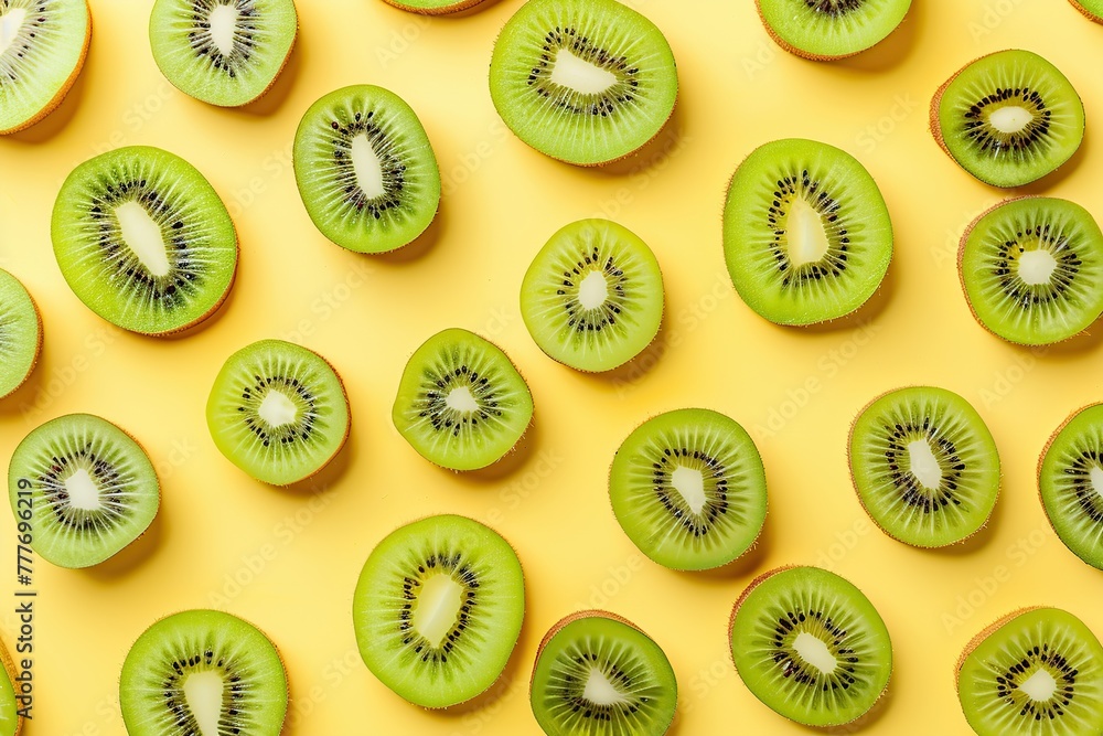 Fototapeta premium Pattern of ripe kiwi slices on yellow background