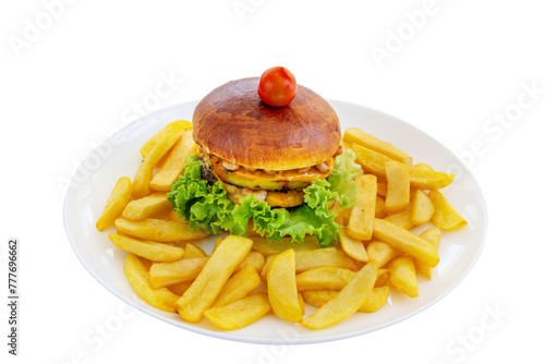 Classic hamburger shrimp squid squid cheese lettuce leaves and fries. Isolated on a white background.