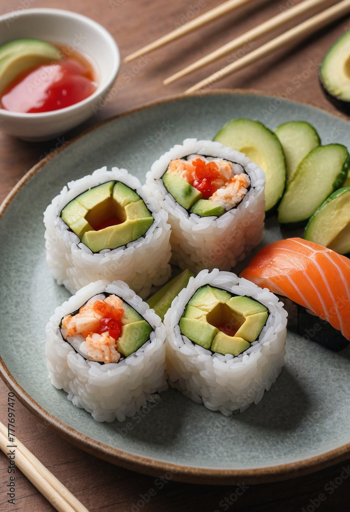 California roll, professional food photography, maki sushi, rice on the outside, avocado, cucumber, crab sticks, plate, toothpicks California roll, professional food photography, maki sushi, rice on the outside, avocado, cucumber, crab sticks, plate, toothpicks