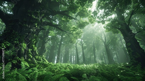 A dense  ancient forest with towering trees  their trunks covered in moss and their canopies forming a thick green ceiling. The forest floor is a tapestry of ferns and foliage  creating a scene 