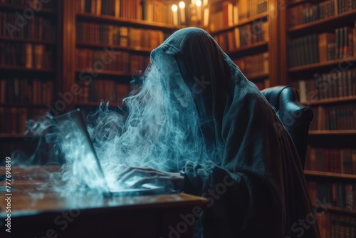 A ghostwriter typing stories in a haunted Victorian library at midnight, with ghostly apparitions whispering ideas. photo