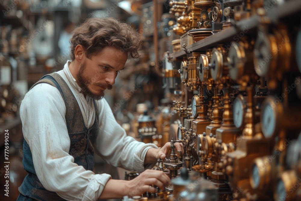 A steampunk-inspired inventor in a workshop filled with brass gadgets and gears, working on a time-travel device. - obrazy, fototapety, plakaty 