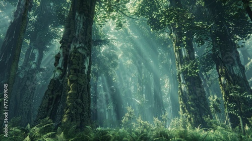A dense  ancient forest with towering trees  their trunks covered in moss and their canopies forming a thick green ceiling. The forest floor is a tapestry of ferns and foliage  creating a scene 
