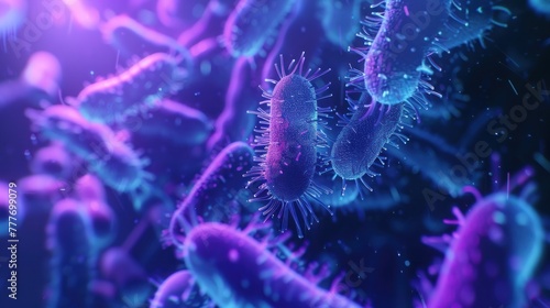 Closeup microscopic bacteria background on blue and purple glow neon color. AI generated image