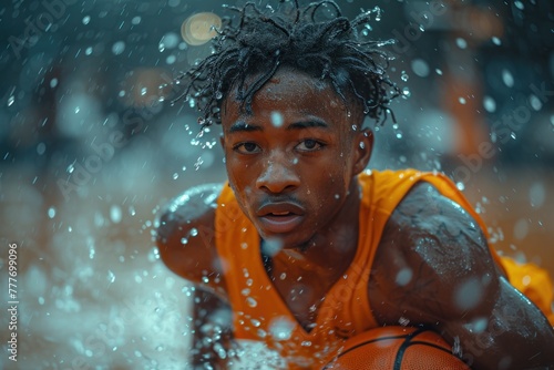 Action-packed and gritty urban basketball game with dramatic lighting, capturing the intensity and passion of the sport for a sports apparel ad