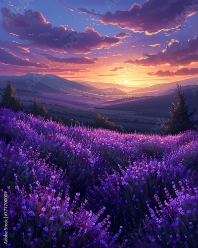 Lavender fields at sunset  purple flora  aromatic agriculture  calming scenery  background. wallpaper