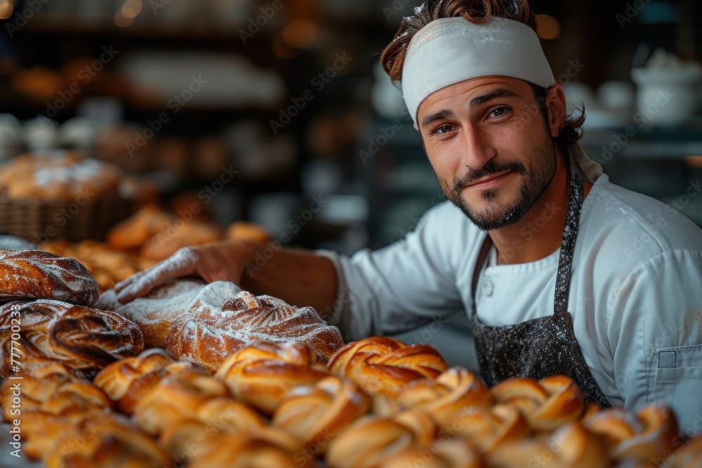 Artisan bakery scene with a chef kneading dough and fresh pastries on display, for authentic food brand storytelling