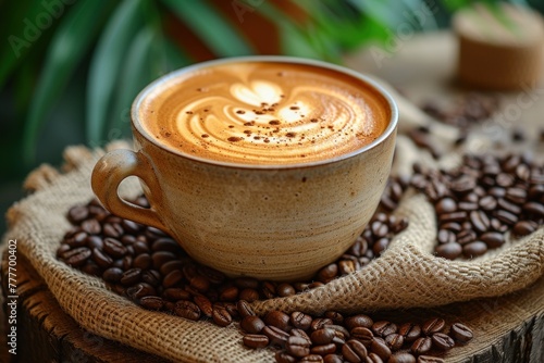 Coffee cup on pile of beans