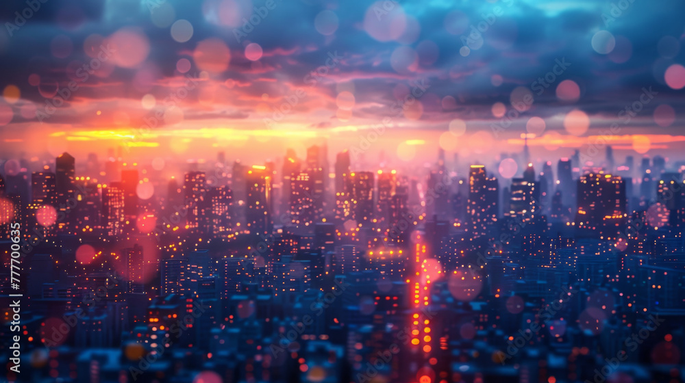 Bright glowing lights of district in megapolis under dusk sky in evening on blurred background. Bright glowing lights of district in megapolis under dusk sky in evening on blurred background.