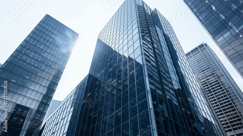 Title: "Glass Tower Reflections"Art Description: Stock photos of modern glass office buildings reflecting urban skyline, emphasizing sleek design.