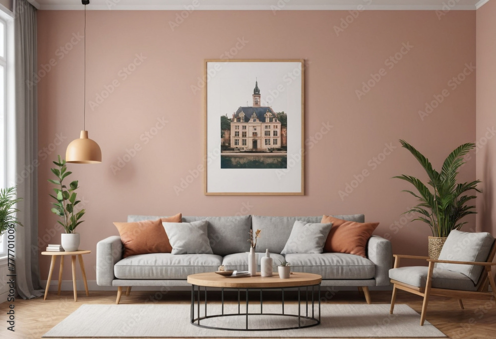 Fototapeta premium Living room wall poster mockup. Interior mockup with house background. Modern interior design