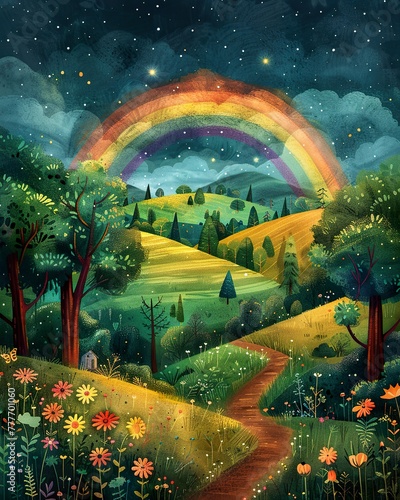 Lush green hill with rainbow  after rain  vibrant landscape  hopeful scenery. background. wallpaper