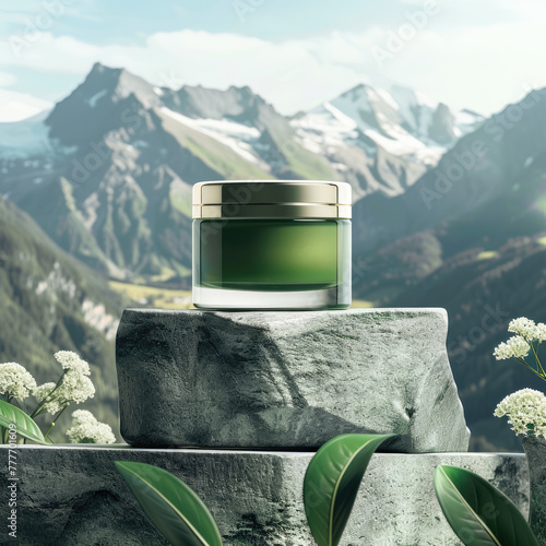 Green jar with with cosmetics product on stone podium in front of mountain background , freshness and revigorating skin care product  photo