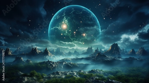 Three dimensional render of planet earth floating in outer space photo